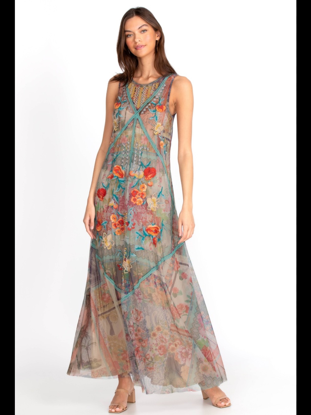 Johnny Was Biya Jolene Sheer Floral Embroidered Mesh Maxi Dress